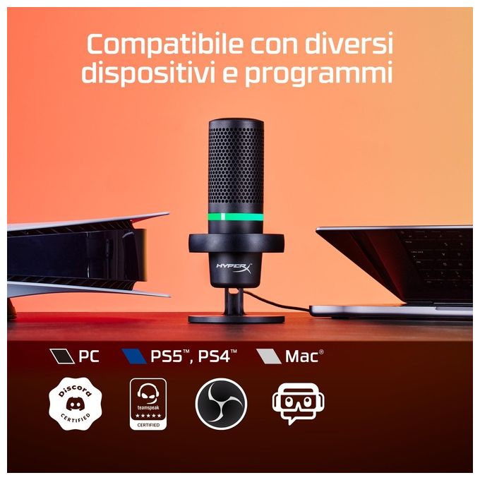 HyperX 4P5E2AA DuoCast Microfono USB Condensatore 24 bit 96 kHz RGB Cardioide Omnidirezionale con Filtro Pop e ShockMount colore Nero