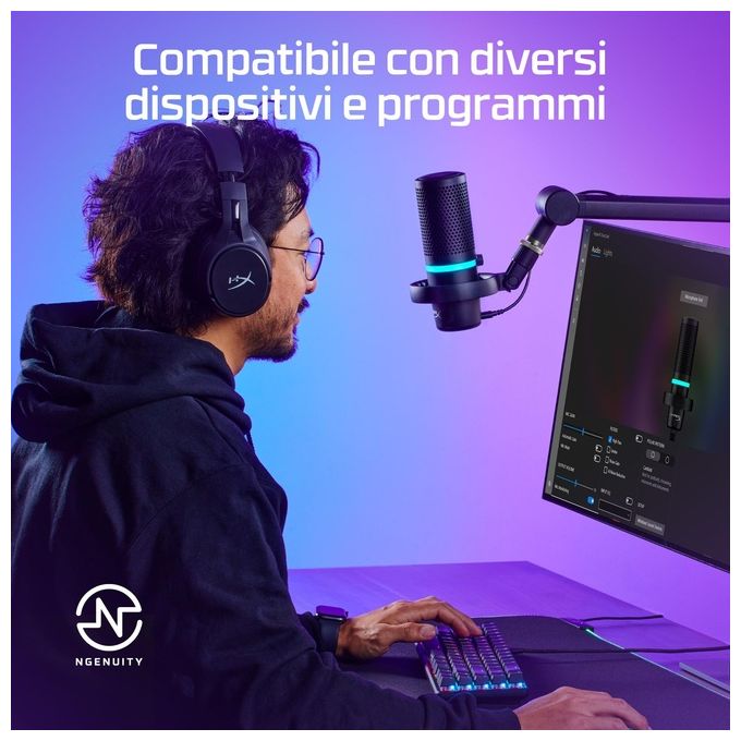 HyperX 4P5E2AA DuoCast Microfono USB Condensatore 24 bit 96 kHz RGB Cardioide Omnidirezionale con Filtro Pop e ShockMount colore Nero