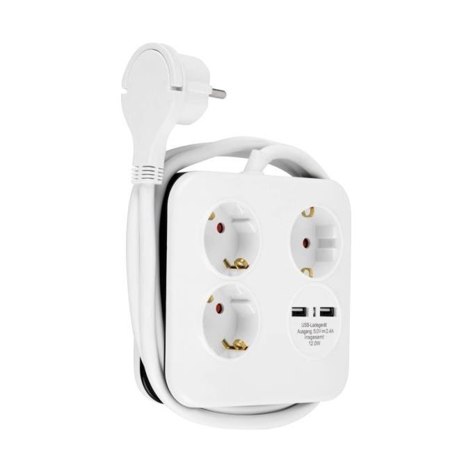 Rev PowerQuad 3-Fold Presa Multipla con 2x Usb Bianco