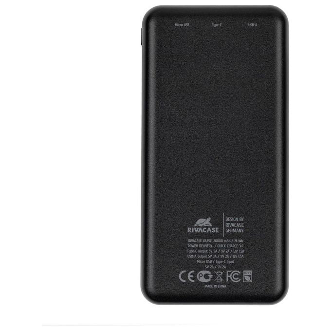 Rivacase VA2571 Power Bank Portatile 20000 mAh con Ricarica Rapida QC 3.0 e PD 3.0 Nero
