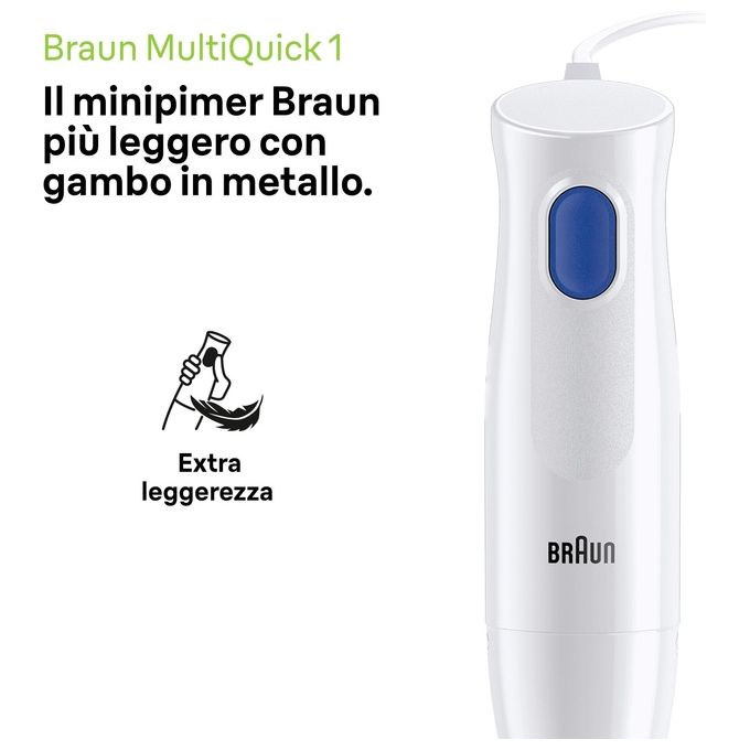 Braun MQ10.201M MultiQuick 1 Frullatore ad Immersione 450W asta acciaio inox tritatutto 350 ml bicchiere 600 ml colore Bianco