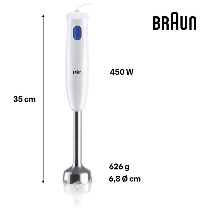 Braun MQ10.201M MultiQuick 1 Frullatore ad Immersione 450W asta acciaio inox tritatutto 350 ml bicchiere 600 ml colore Bianco