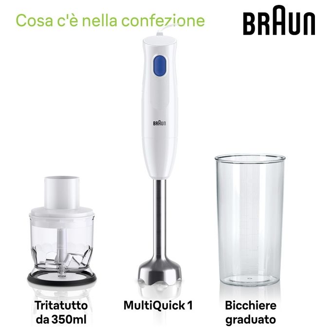 Braun MQ10.201M MultiQuick 1 Frullatore ad Immersione 450W asta acciaio inox tritatutto 350 ml bicchiere 600 ml colore Bianco