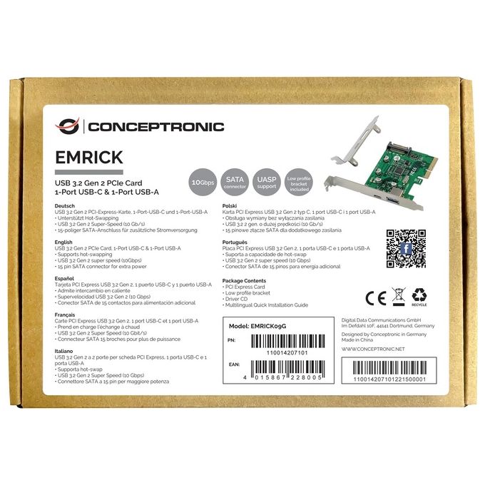 Conceptronic EMRICK09G Adattatore Interno PCIe 3.0 x4 con 2 Porte USB 3.2 Gen 2 10 Gbps USB-C e USB-A Low Profile colore Argento