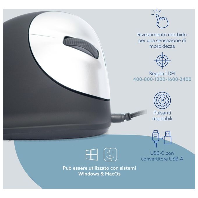 R-Go Tools RGOHELA HE Mouse Ergonomico Verticale Large Destrorso Cablato USB Ottico 3500 dpi colore Nero Argento