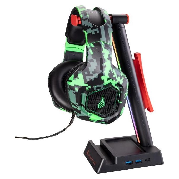 SureFire 48847 VINSON N2 Supporto per Cuffie con Hub USB RGB 2 Porte USB Tipo A e USB-C Uscita Audio 3.5 mm Gestione Cavi Colore Nero Rosso
