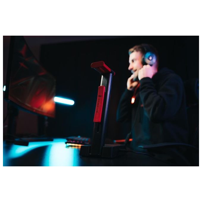 SureFire 48847 VINSON N2 Supporto per Cuffie con Hub USB RGB 2 Porte USB Tipo A e USB-C Uscita Audio 3.5 mm Gestione Cavi Colore Nero Rosso