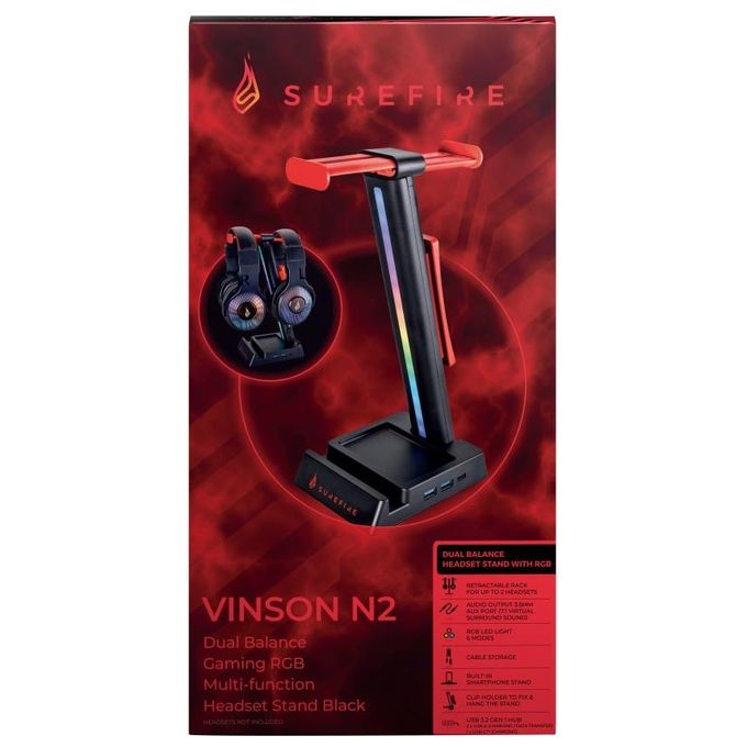 SureFire 48847 VINSON N2 Supporto per Cuffie con Hub USB RGB 2 Porte USB Tipo A e USB-C Uscita Audio 3.5 mm Gestione Cavi Colore Nero Rosso