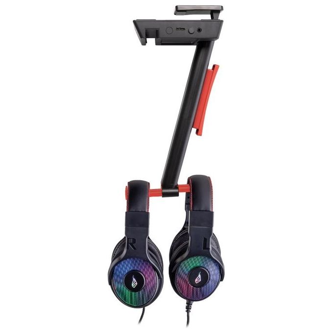 SureFire 48847 VINSON N2 Supporto per Cuffie con Hub USB RGB 2 Porte USB Tipo A e USB-C Uscita Audio 3.5 mm Gestione Cavi Colore Nero Rosso