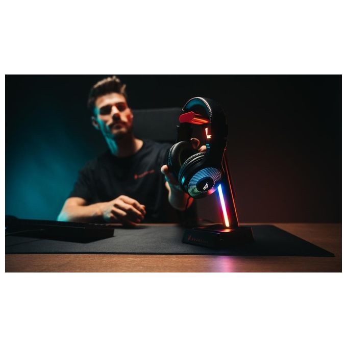 SureFire 48847 VINSON N2 Supporto per Cuffie con Hub USB RGB 2 Porte USB Tipo A e USB-C Uscita Audio 3.5 mm Gestione Cavi Colore Nero Rosso
