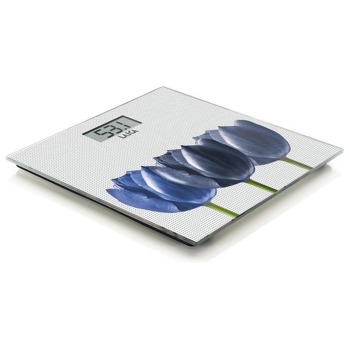 Laica PS1075 Bilancia Pesapersone Elettronica Vetro Temperato 6 mm Portata 180 Kg Display LCD colore Bianco Tulipani Blu