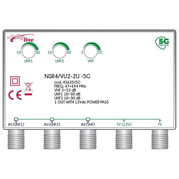 G.B.S. Elettronica NSR4VU2-2OUT 5G Amplificatore da Palo TV 4 Transistor VHF UHF 32 dB Filtro 5G 2 Uscite 12 V colore Grigio Bianco