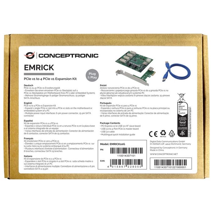 Conceptronic EMRICK10G Scheda di interfaccia e adattatore interno PCIe 4 slot PCIe Standard PCI 2.0 Alimentazione SATA 6-pin e 15-pin colore Verde