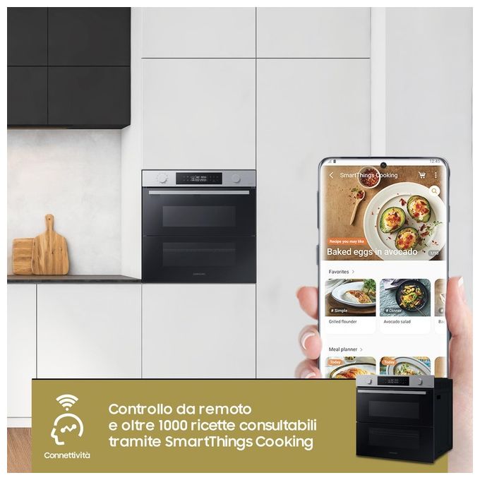 Samsung NV7B45403BS Dual Cook Flex Serie 4 Forno da incasso Elettrico 76 L Classe A+ Dual Cook Vapore Air Sous Vide Wi-Fi 40 programmi (60x60x57 cm) colore Inox