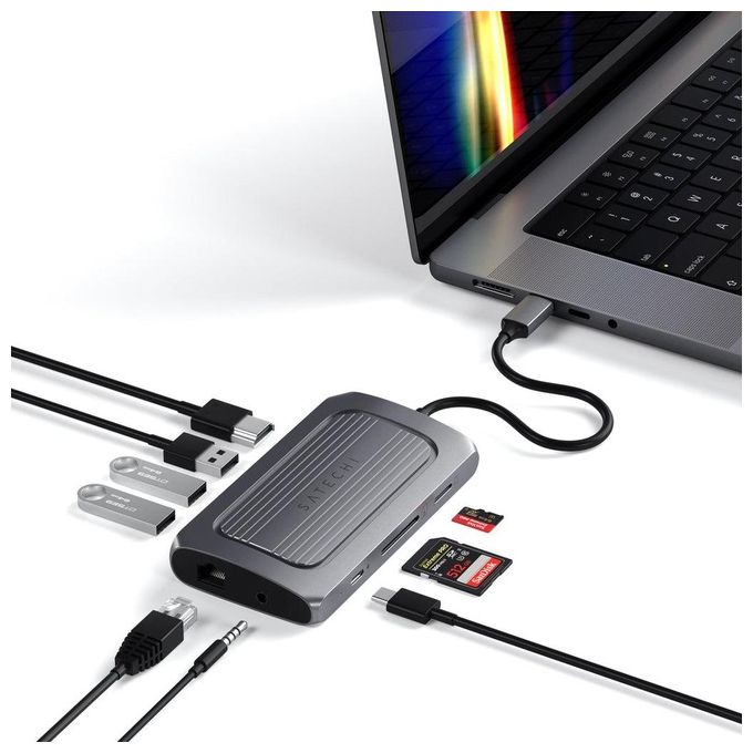 Satechi ST-U4MA3M Adattatore Multiporta USB4 HDMI 8K 60Hz USB-C PD 100W Gigabit Ethernet Lettore SD-MicroSD Jack 3,5 mm colore Grigio