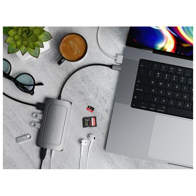 Satechi ST-U4MA3M Adattatore Multiporta USB4 HDMI 8K 60Hz USB-C PD 100W Gigabit Ethernet Lettore SD-MicroSD Jack 3,5 mm colore Grigio