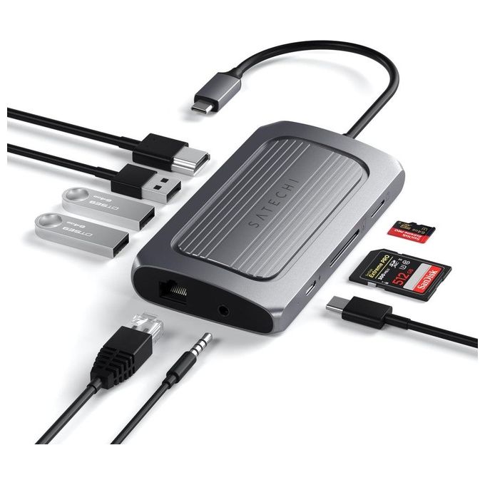 Satechi ST-U4MA3M Adattatore Multiporta USB4 HDMI 8K 60Hz USB-C PD 100W Gigabit Ethernet Lettore SD-MicroSD Jack 3,5 mm colore Grigio