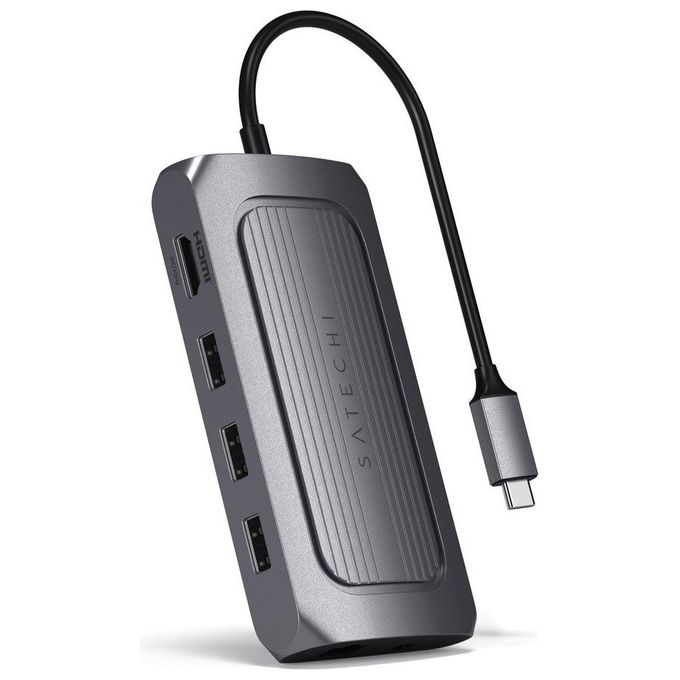 Satechi ST-U4MA3M Adattatore Multiporta USB4 HDMI 8K 60Hz USB-C PD 100W Gigabit Ethernet Lettore SD-MicroSD Jack 3,5 mm colore Grigio
