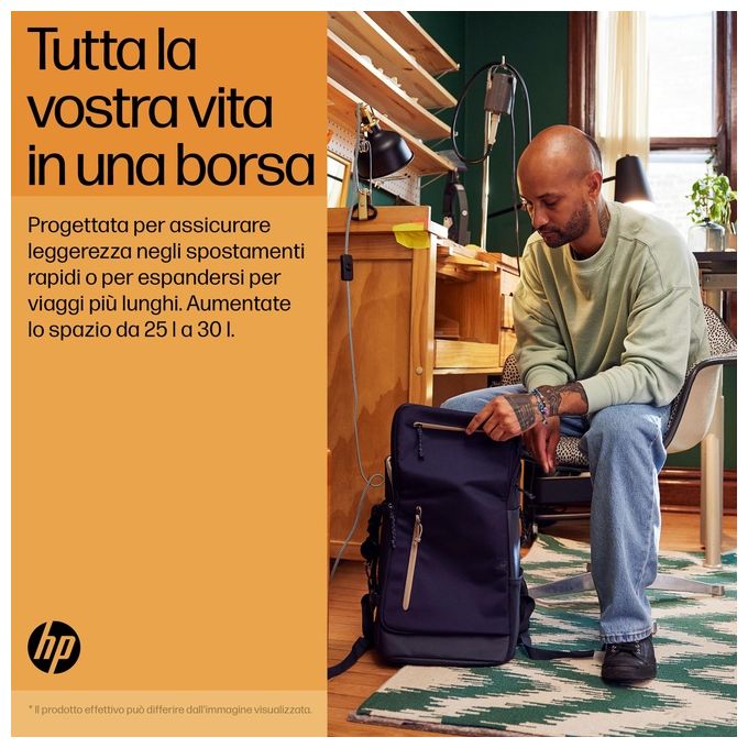 HP 6B8U4AA Zaino Travel 25 L per Laptop fino a 15'' con Comparto Imbottito Espandibile e Materiale Riciclato colore Grigio Siderurgico