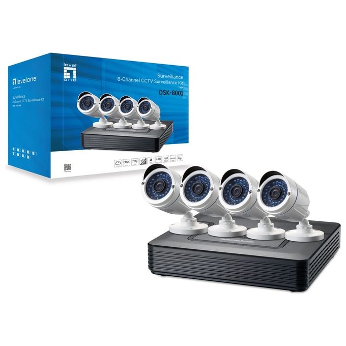 LevelOne DSK-8001 Kit Videosorveglianza Cablato 8 Canali DVR 4 Telecamere Bullet IP66 Visione Notturna 30 m H.264 HDD 6 TB colore Nero Bianco