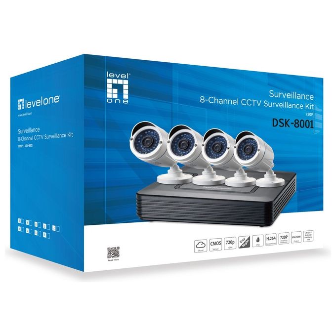 LevelOne DSK-8001 Kit Videosorveglianza Cablato 8 Canali DVR 4 Telecamere Bullet IP66 Visione Notturna 30 m H.264 HDD 6 TB colore Nero Bianco