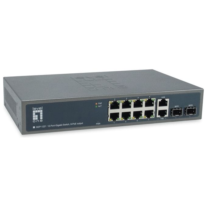 LevelOne GEP-1221 Switch Gigabit Unmanaged 12 Porte 8 PoE 2 SFP 150W PoE Budget colore Nero