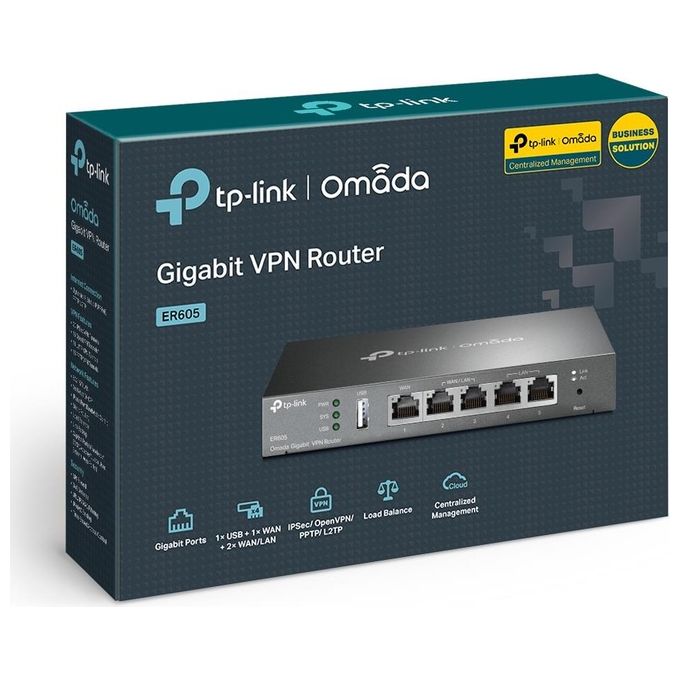 TP-Link ER605 Omada Router VPN Gigabit Multi-WAN 5 porte IPsec OpenVPN L2TP PPTP Firewall colore Nero