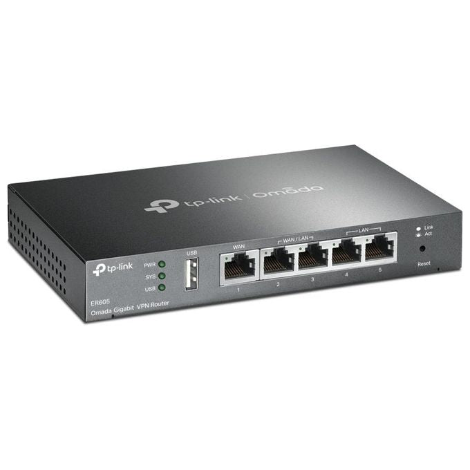 TP-Link ER605 Omada Router VPN Gigabit Multi-WAN 5 porte IPsec OpenVPN L2TP PPTP Firewall colore Nero