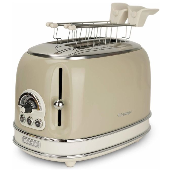 Ariete 155 Tostapane Vintage Beige 2 Fette con Pinze 6 Livelli di Tostatura 810W Corpo Acciaio Inossidabile Vassoio Raccoglibriciole Estraibile