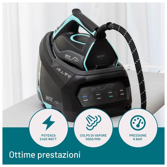 Imetec 9028 Onda P1 Ferro da Stiro Generatore di Vapore 2400W 6 bar Serbatoio 2,5L Piastra Onde Brevettata colore Nero Turchese
