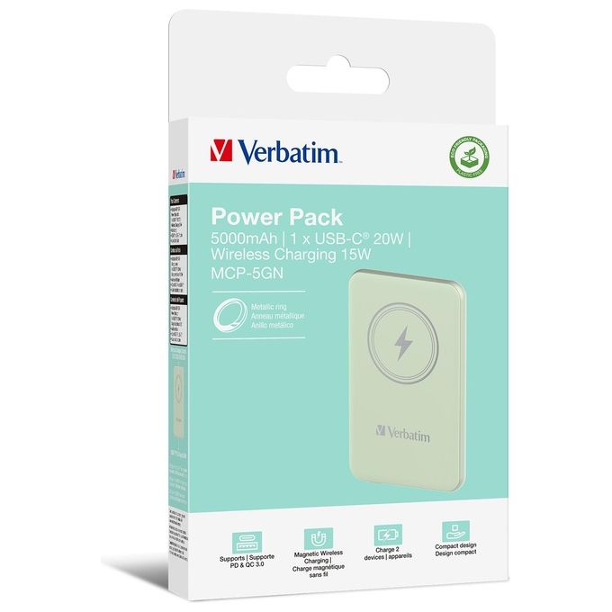 Verbatim 32241 Charge 'n' Go Power Bank Magnetico 5000 mAh 15 W Ricarica Wireless 20 W Power Delivery colore Verde