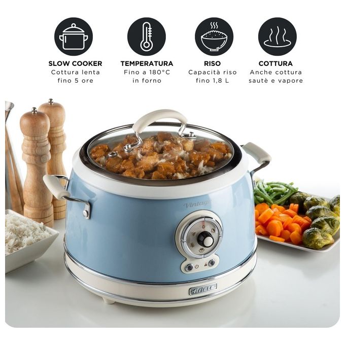 Ariete 2904 Vintage Cuociriso Elettrico e Slow Cooker 3,5 L 700W 5 funzioni ciotola in ceramica colore Celeste