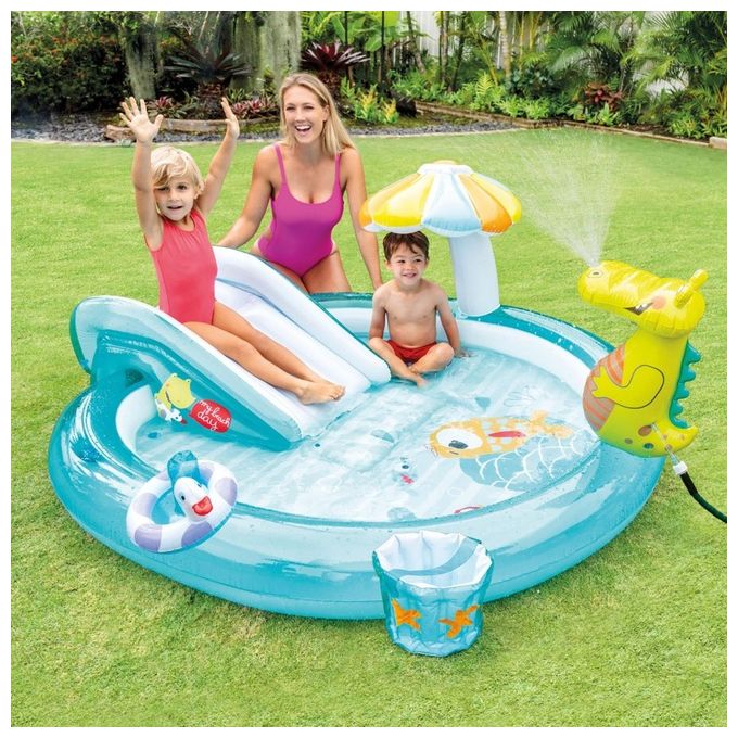 Intex 57165NP Gator Play Center Piscina Gonfiabile Bambini con Scivolo e Spruzzo 160 L 201x170x84 cm colore Multicolore