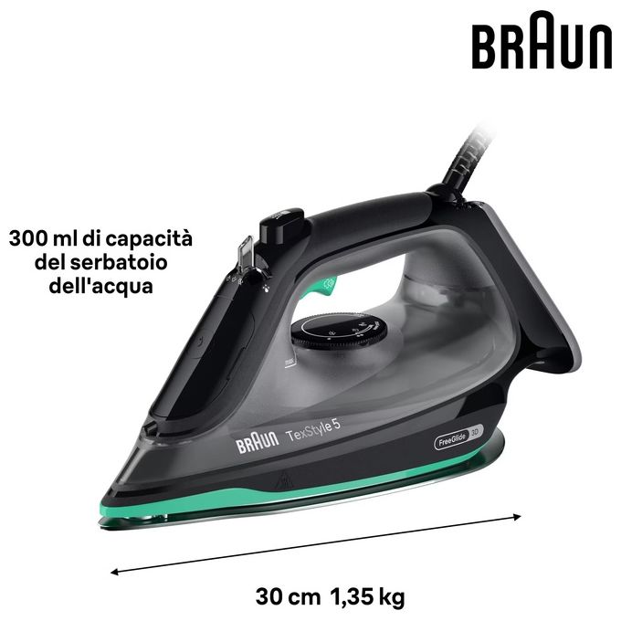 Braun SI5277GR TexStyle 5 Ferro da stiro a vapore e a secco 2700 W Piastra SuperCeramic FreeGlide 3D colore Verde