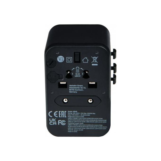 Verbatim Adattatore da Viaggio Universale Uta-04 Ricarica 6 in 1 PD 61W Nero