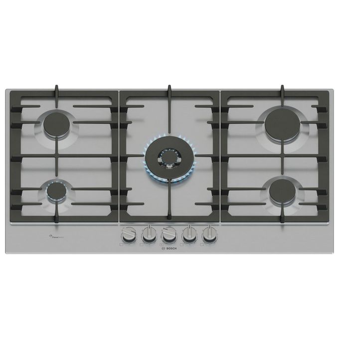 Bosch PCR9A5I90 Serie 6 Piano cottura a gas 90 cm 5 fuochi Wok centrale FlameSelect griglie in ghisa colore Acciaio Inox