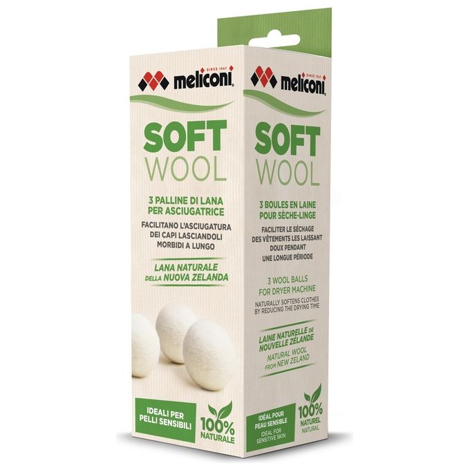 Meliconi 621026 Soft Wool Palline per Asciugatrice in Lana 100% Naturale Set 3 pezzi 7 cm colore Bianco