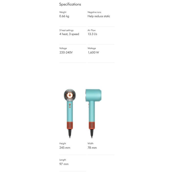 Dyson 515276-01 Supersonic Nural Asciugacapelli 1600W Motore V9 3 Velocita' 4 Temperature con Accessori colore Blu Arancione