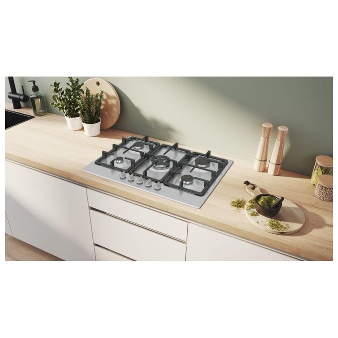 Bosch PGQ7B5K90 Serie 4 Piano cottura a gas 75 cm 5 fuochi Bruciatore Wok 3300 W Griglie in ghisa colore Inox