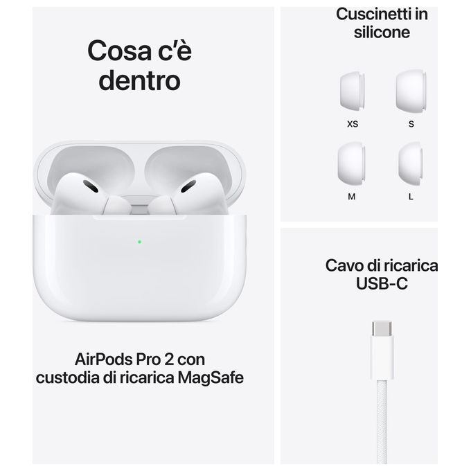 Apple MTJV3TY-A AirPods Pro 2a Generazione Auricolari True Wireless Bluetooth Cancellazione Rumore Attiva Audio Adattivo IP54 colore Bianco