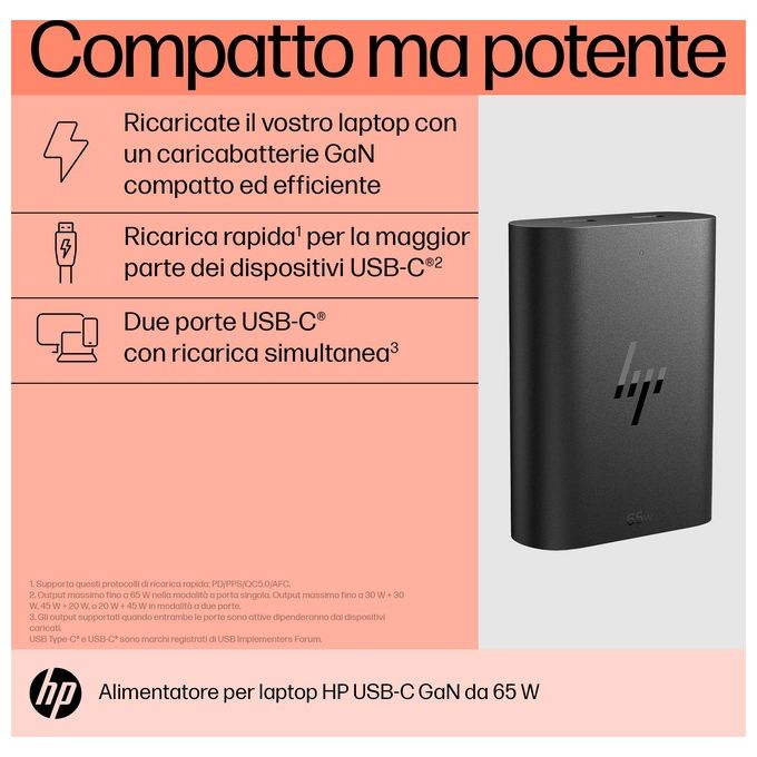 HP 600Q8AA Caricabatterie per laptop USB-C GaN da 65 W 2 porte USB-C uscita fino a 20 V 1 m colore Nero