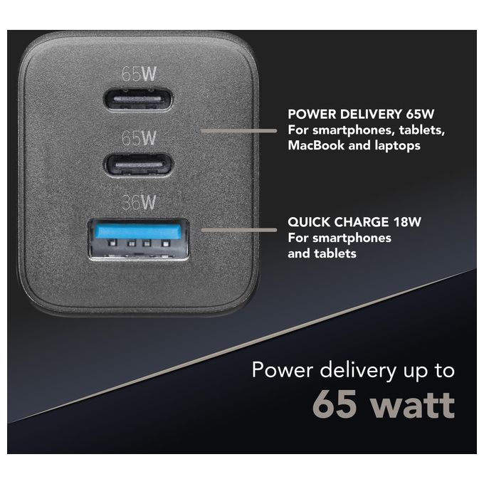 Cellularline ACHUSBGAN3PD65WK Multipower Micro Caricabatterie GaN 65W 3 Porte USB-C Power Delivery colore Nero