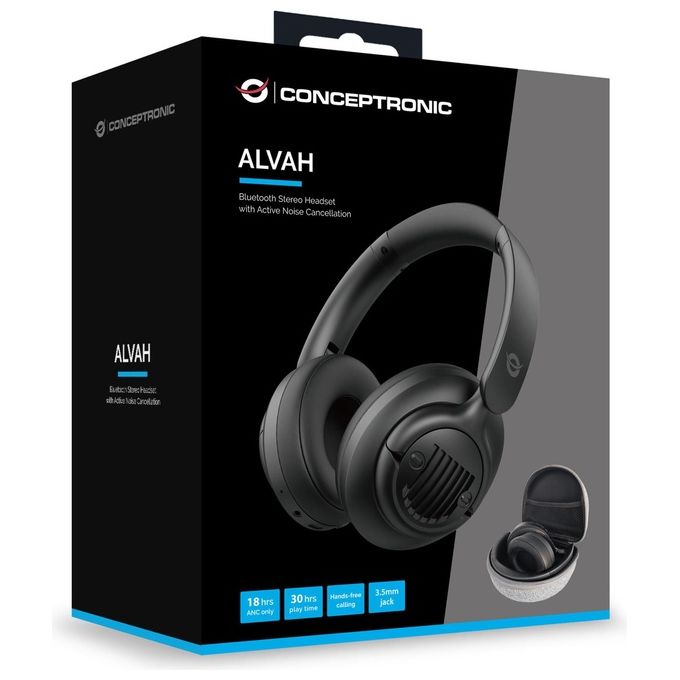 Conceptronic ALVAH02B Cuffie Bluetooth Stereo con Cancellazione Attiva del Rumore Ripiegabili 30 Ore di Autonomia colore Nero