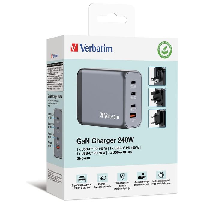 Verbatim 32205 GNC-240 Alimentatore GaN 240W con 3 USB-C PD 140W 100W 65W 1 USB-A QC 3.0 colore Nero Grigio