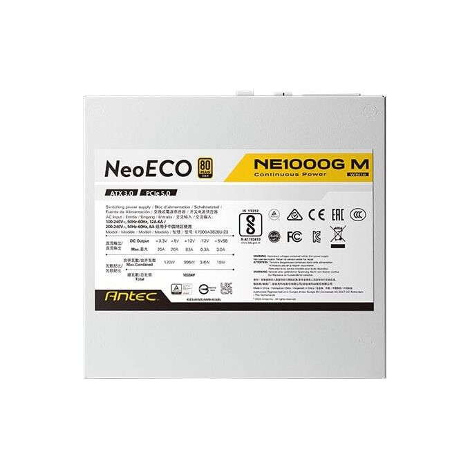 Antec NE1000G M W Neo ECO Modular Alimentatore ATX 3.0 1000 W 80 PLUS Gold con Cavo PCIe 5.0 12VHPWR colore Bianco