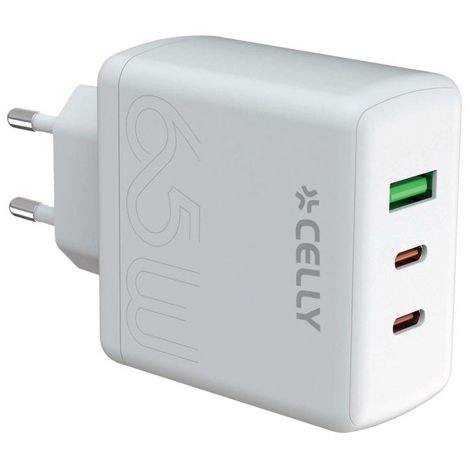 Celly TC3GAN65WEVOWH Caricabatterie da Parete GaN 65W 3 Porte 2 USB-C 1 USB-A Power Delivery Quick Charge colore Bianco