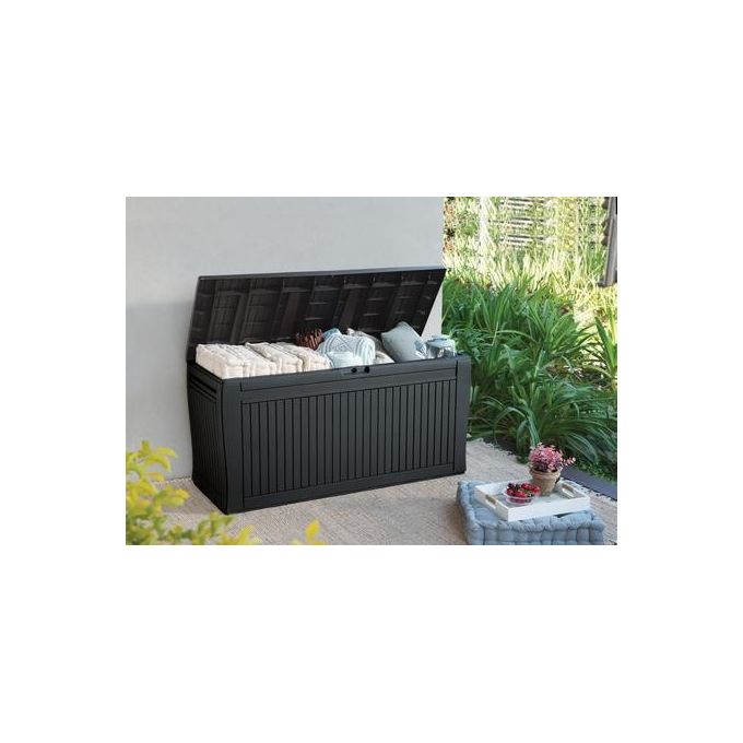 Keter Baule Multiuso da Giardino Comfy in Resina 270 Litri Marrone Ideale per Riporre Cuscini e Attrezzi da Giardino con Sistema di Ventilazione 116.7x44.7x57 H cm