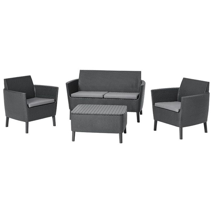 Keter 253220 Salemo Salottino da Esterno 4 Posti Divano 2 Poltrone Tavolino Polipropilene Effetto Rattan colore Grafite