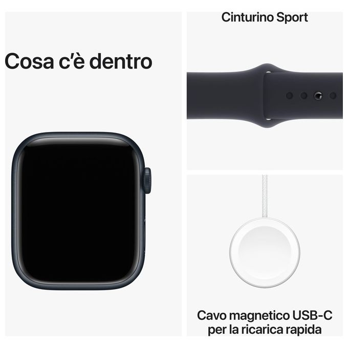 Apple MR9A3QL-A Watch Series 9 Smartwatch GPS 45mm Alluminio Always-On Display Chip S9 Cinturino Sport M-L colore Mezzanotte
