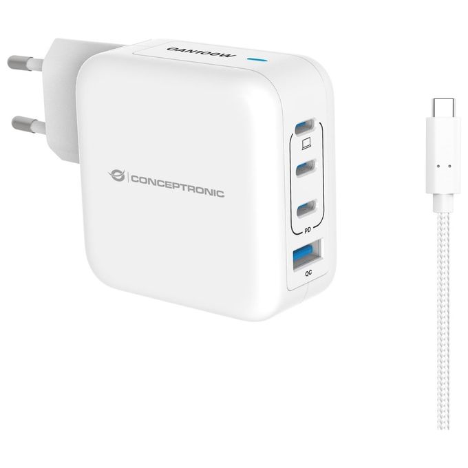 Conceptronic ALTHEA18W Caricatore USB 4 Porte 100W GaN con Cavo USB-C 3 USB-C 1 USB-A PD 3.0 QC 3.0 PPS colore Bianco